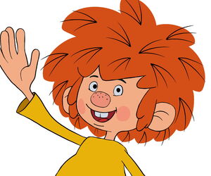 Pumuckl ins Bild lachend und winkend