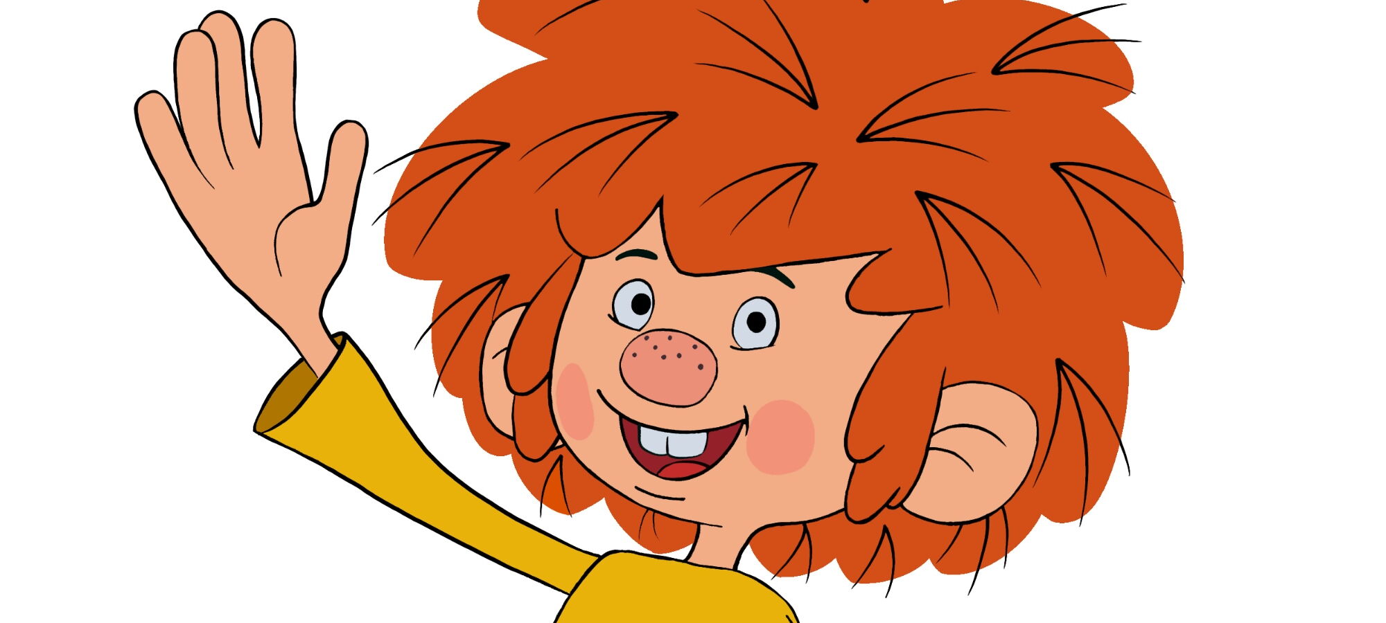 Pumuckl ins Bild lachend und winkend
