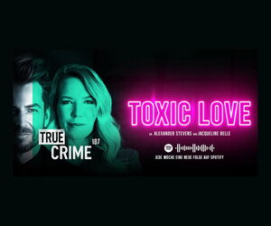 Gesichter von Alexander Stevens & Jacqueline Belle mit dem Veranstaltungstitel True Crime und buntem Licht