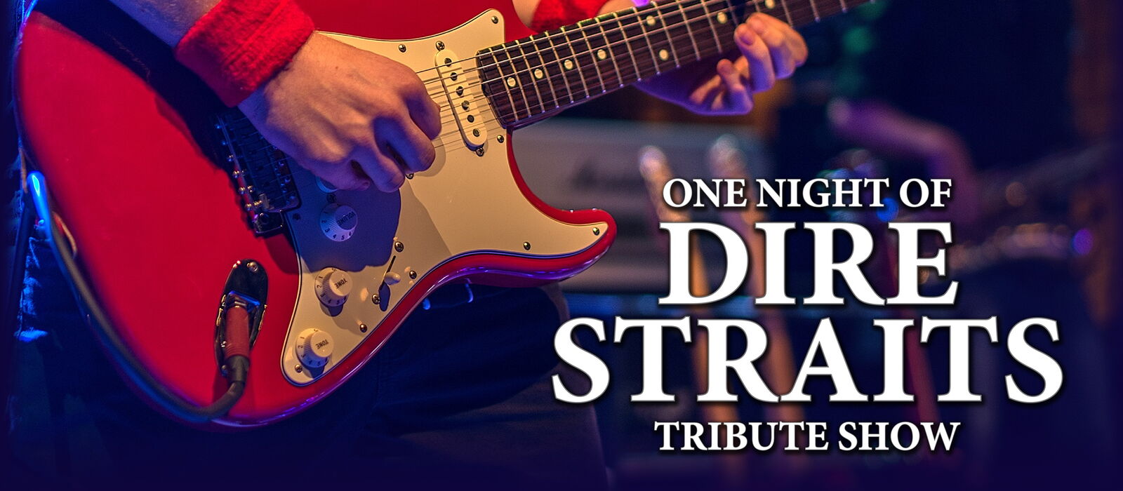 Gitarre und zwei Hände, welche diese bespielen. Darüber die Band und der Veranstaltungstitel in weiß.