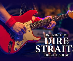 Gitarre und zwei Hände, welche diese bespielen. Darüber die Band und der Veranstaltungstitel in weiß.