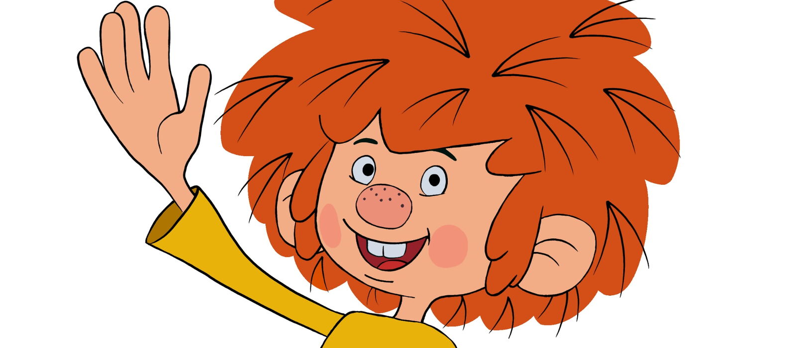 Pumuckl ins Bild lachend und winkend