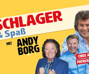 Andy Borg, Chris Andrews, Patrick Lindner vor gelbem Hintergrund. Darüber der Titel Schlager & Spaß.