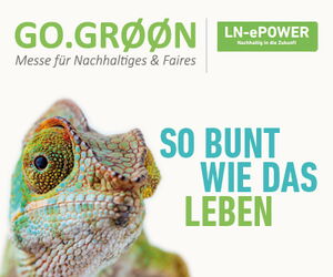 Logo GO.GRØØN - Messe für Nachhaltiges & Faires, Logo LN-E-Power, Kopf Chamäleon in die Kamera schauend und der Slogan der Messe 'So bunt wie das Leben'