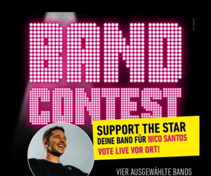 Schwarzer Hintergrund mit Bandcontast in Pink, daneben ein Bild von Nico Santos und rechts ein Störer mit d