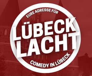 Logo Lübeck Lacht mit rotem Hintergrund und weißem Logo