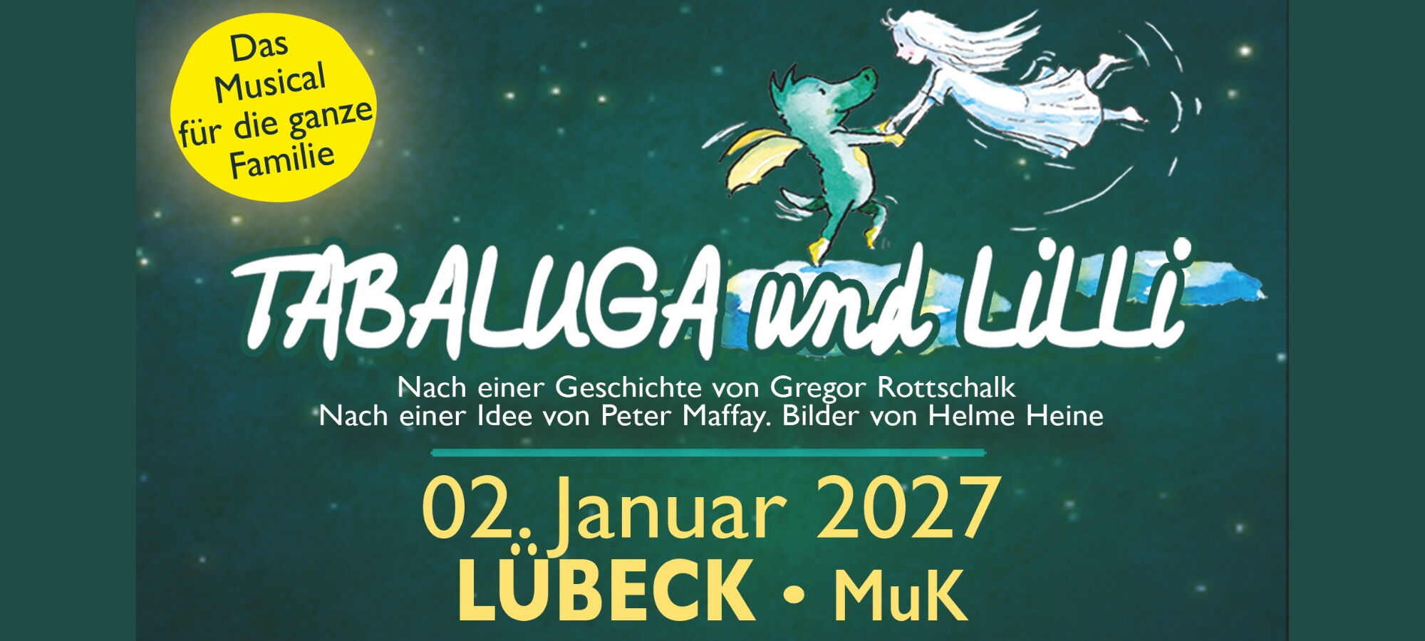 Schriftzug Tabaluga und Lilli mit dem kleinen Drachen und Lilli als Comicfigur