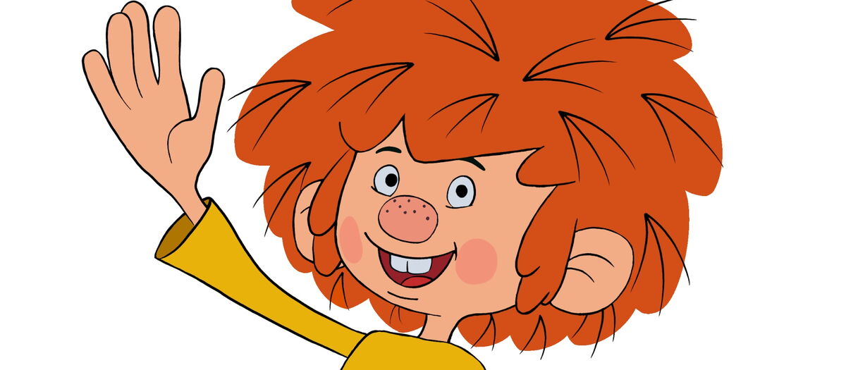 Pumuckl ins Bild lachend und winkend
