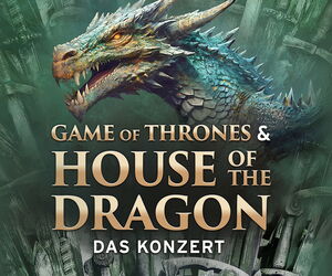 Schriftzug Game Of Thrones & House Of The Dragon unter einem Drachen.