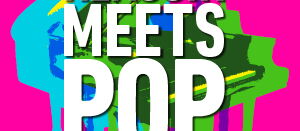 Im Vordergrund des Bildes in weißer Schrift der Titel der Veranstaltung KLASSIK MEETS POP. Dahinter ein Konzertflügel grafisch in blauer, gelber und grüner Farbe. Der Hintergrund des Bildes ist pink.