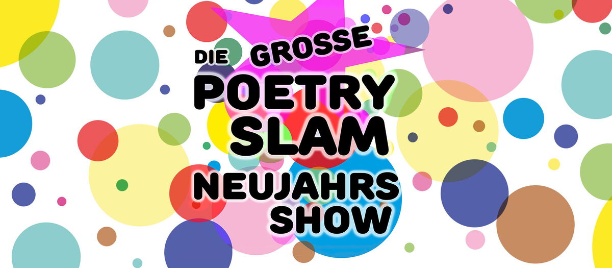 Veranstaltungstitel vor Hintergrund mit bunten Punkten. Darunter das Veranstaltungsdatum und der Veranstaltungsort.