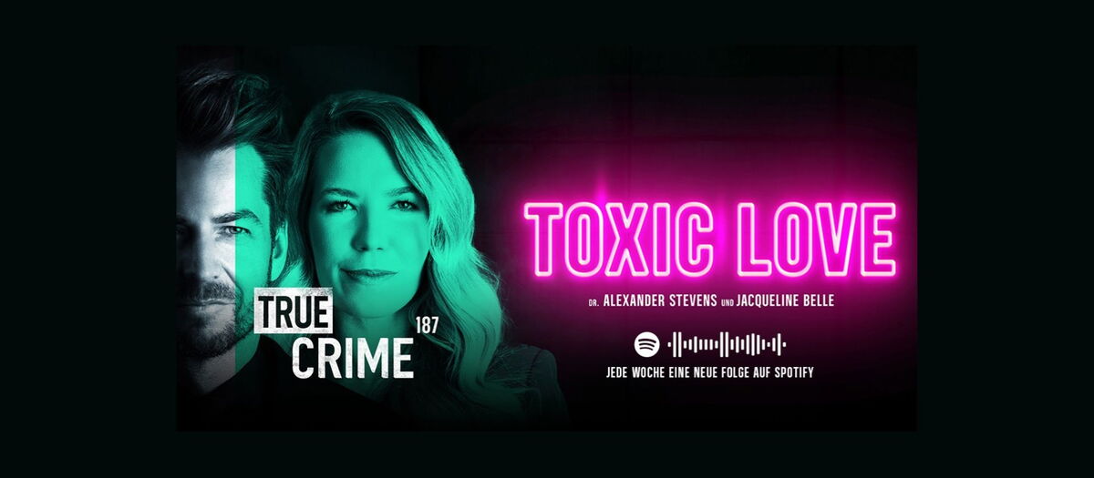 Gesichter von Alexander Stevens & Jacqueline Belle mit dem Veranstaltungstitel True Crime und buntem Licht