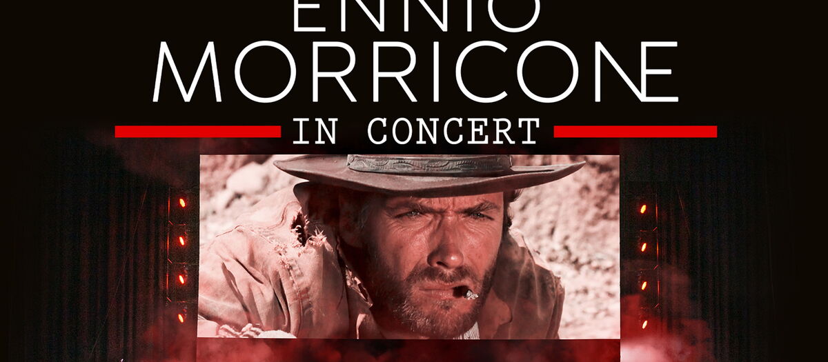 Das Orcherster und darüber eine Leinwand mit Filmausschnitt. Im oberen Teil des Bildes befindet sich der Titel The Best of Ennio Morricone