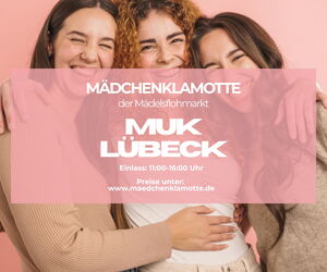 Drei Mädels lachend Arm in Arm vor rosa Hintergrund. In der Mitte ein rosa Feld mit Informationen zum Veranstaltungsort und der Öffnungszeit.