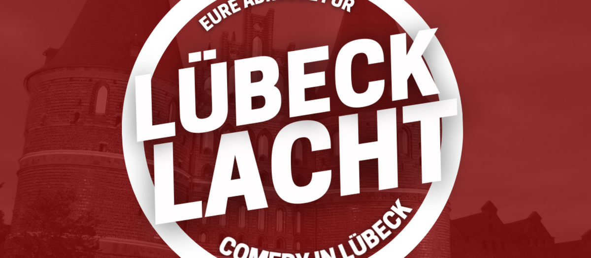 Logo Lübeck Lacht mit rotem Hintergrund und weißem Logo