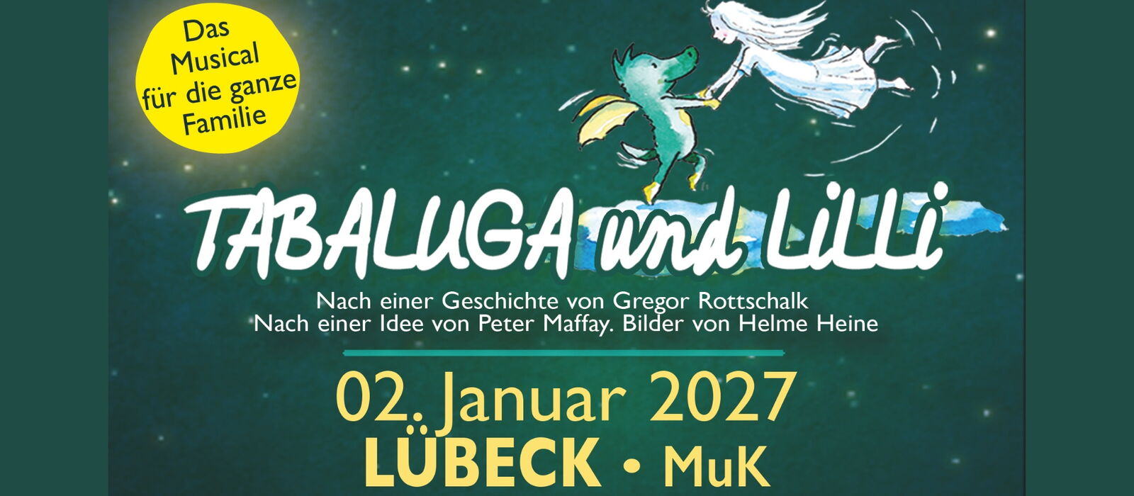 Schriftzug Tabaluga und Lilli mit dem kleinen Drachen und Lilli als Comicfigur