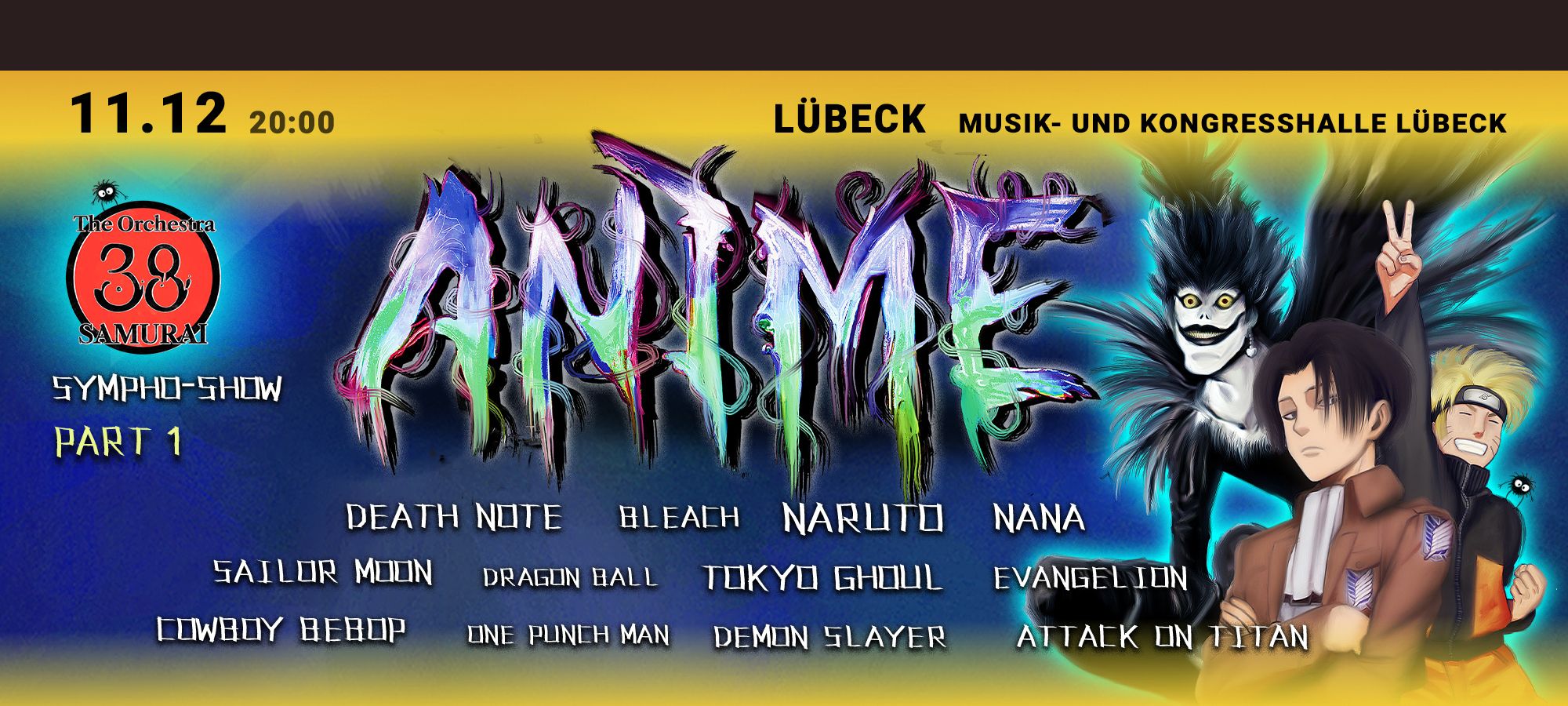 Der Titel der Show Anime in der Mitte vor blauem Hintergrund, rechts daneben drei der typisch mystischen Charaktere.