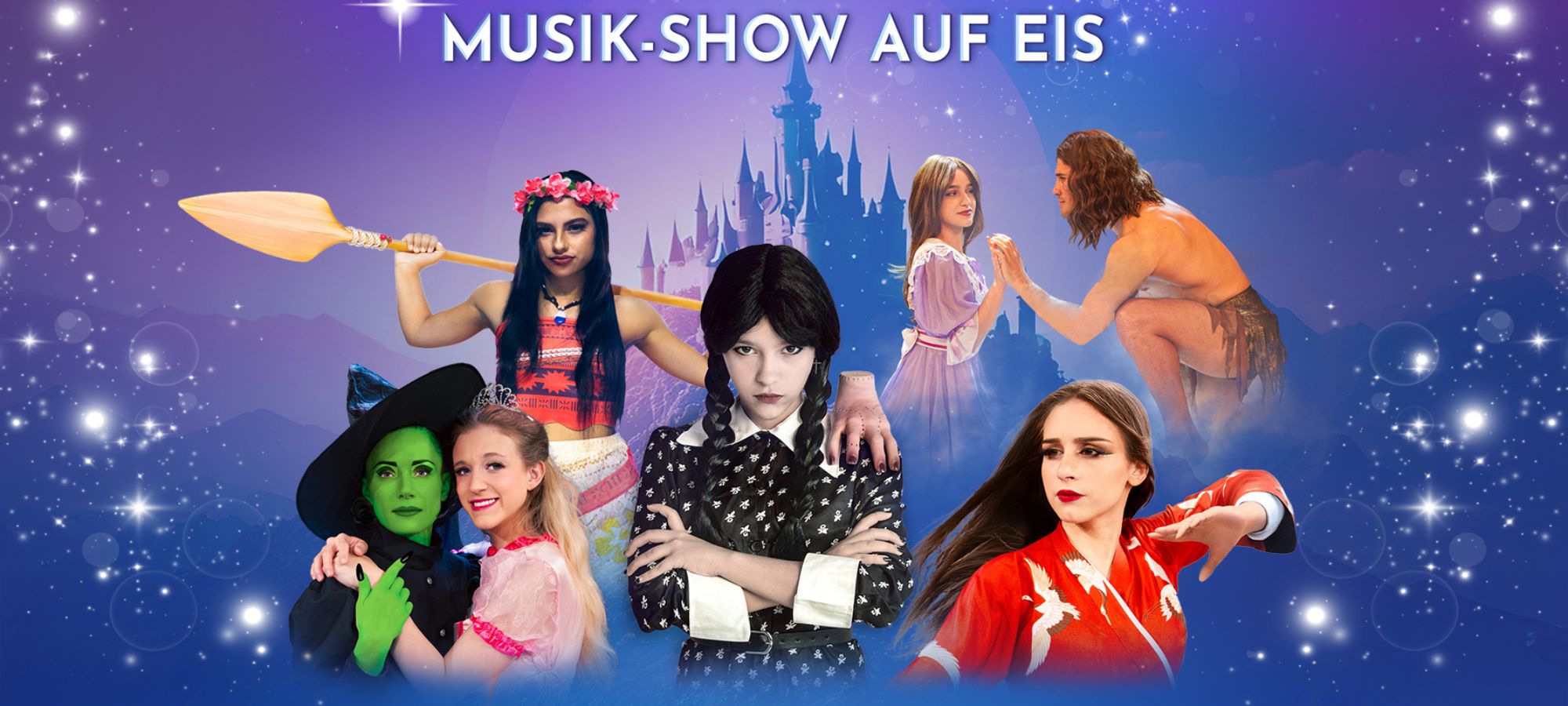 Magical Dreams, Musik-Show auf Eis, MUK Lübeck, Copyright Highlight Concerts Die Hauptdarstellenden vor einem Sternenhimmel